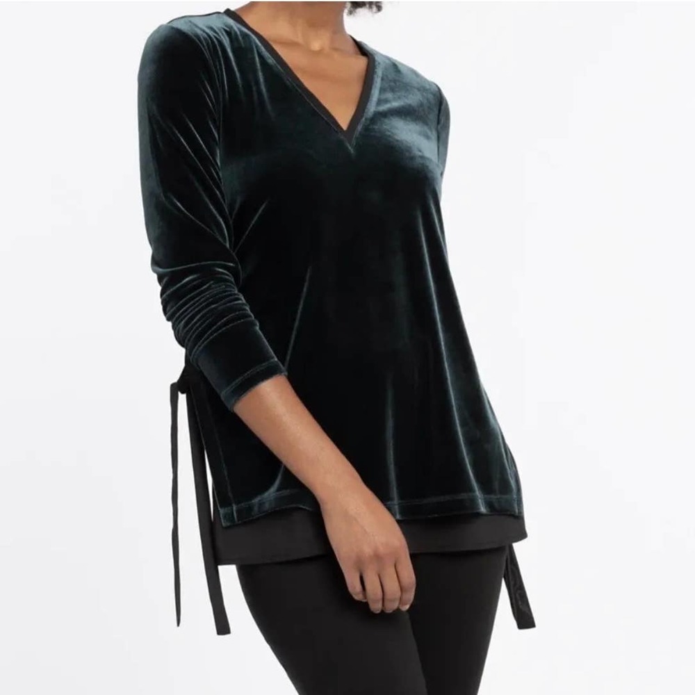 Nic+Zoe Felicity Velvet Long Sleeve Green Black Side Tie Blouse NWT Women's M